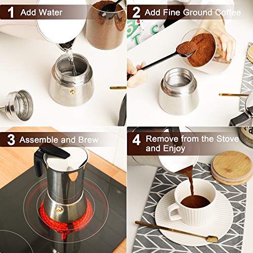 Espressokocher Induktion geeignet Edelstahl Mokkakanne 300ml/ 6 Tassen Espresso Maker Set mit Ersatz-Dichtung Untersetzer Löffel Bürste und Tasche – Bild 5