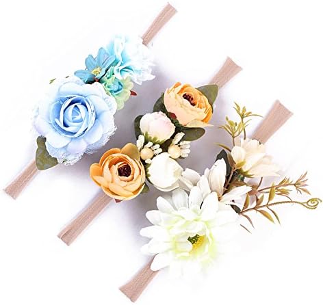 Flower Baby and Newborn Girls Headband Floral Crown Photo Props - Soft Elastic Design Set of 3 (A)