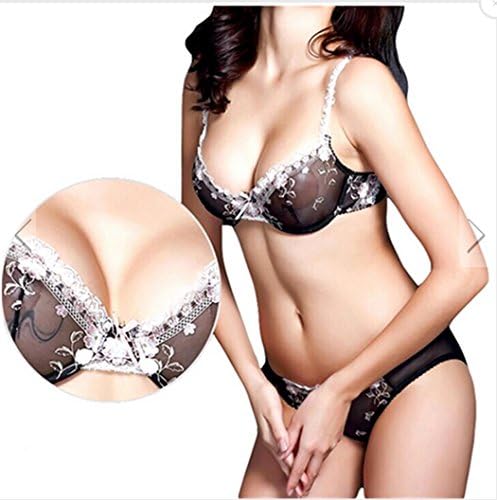 suzanne vega Women's Embroidery Push up Bras Set Lace Lingerie Bra&amp;Panties Transparent Black Suit (38D)