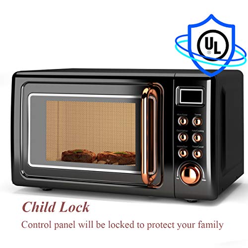 COSTWAY Retro Countertop Microwave Oven, 0.7Cu.ft, 700-Watt, Cold Rolled Steel Plate, 5 Micro Power, Delayed Start Function, with Glass Turntable & Viewing Window, LED Display, Child Lock (Gold) - Thumbnail 7