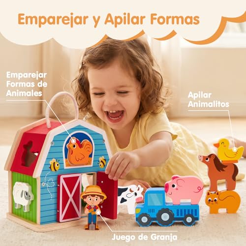 hahaland Montessori Toys 1 Year Old, 4 in 1 Farm Toy with 7 Animals & Barn, Wooden Stacking and Sorting Game, Gift for Kids Ages 1-3