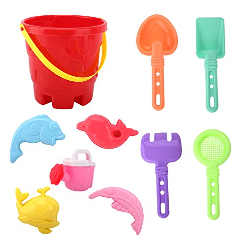 Zooawa Beach Sand Toy Set for Kids, Beach Bucket Sand Models Play Kits Summer Playing Molds Pail Sets Include Red Bucket, Rake, Shovels, Watering Can, Sand Models, Colorful