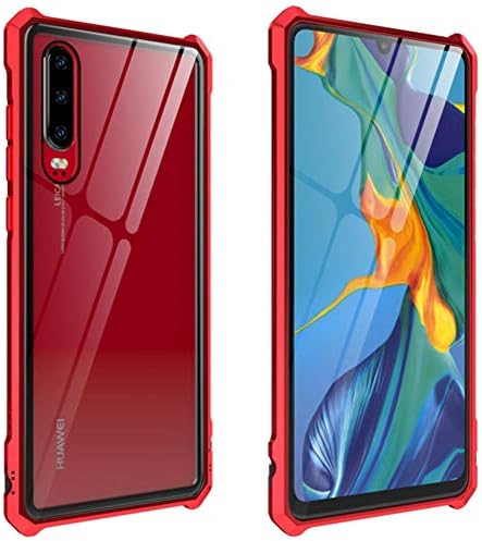 Huawei P30 Case, CHIHENG Ultra Thin [Buckle Structure] Magnetic Aluminum Metal Frame + Transparent Tempered Glass Back Cover Full Body Protective Case for Huawei P30 6.1" Red