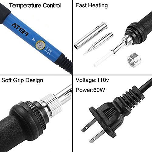 FEITA Soldering Iron Kit Adjustable Temperature Soldering Kit AC110V 60W Solder Iron with 5Pcs Different Iron Tips, Stand, Solder Wire for Variously Repaired Usage