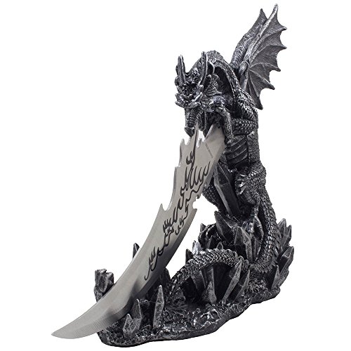 Mythical Guardian Dragon Knife on Display Stand Statue for Gothic & Medieval Decor Daggers or Mantel, Desktop and Shelf Decorations As Decorative Office Gifts For Men