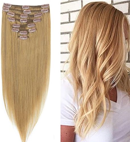 LFLIN Clip In Human Hair Extensions 100% Real Remy Dark Blonde Full Head Long Soft Silky Straight 8pcs 18clips For Women Beauty.