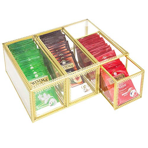 Vintage Style Glass and Brass-Tone Metal Frame Tea Bag Storage Organizer with 3 Drawers/Display Box Vintage Style Glass and Brass-Tone Metal Frame Tea Bag Storage Organizer with 3 Drawers/Display Box