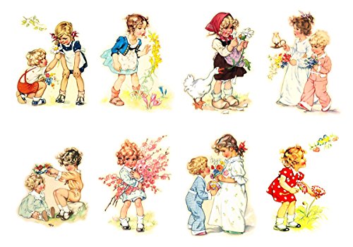 Large Stickers (Each Sticker 2.5"x3.5”, Pack 24 pcs) Kids Children Playing with Flowers FLONZ Vintage