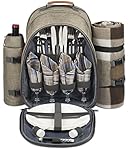 4 Person Picnic Backpack With SOLID Stainless Steel Utensils, Oversized Water Resistent Fleece Blanket , Cooler Compartment, Detachable Wine Bottle Holder in a Modern Designed Backpack