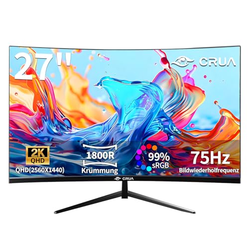 CRUA 27 Zoll QHD (2560x1440) Monitor|2K 75Hz Computer Monitor 27 Zoll 1440p Monitor mit HDMI,DP und Wandmontage| 1440P Eye Care PC-Büromonitor zum Arb
