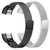 bayite Stainless Steel Bands Compatible Fitbit Alta and Alta HR, Milanese Loop Women Men Pack of 2, Silver and Black 5.5