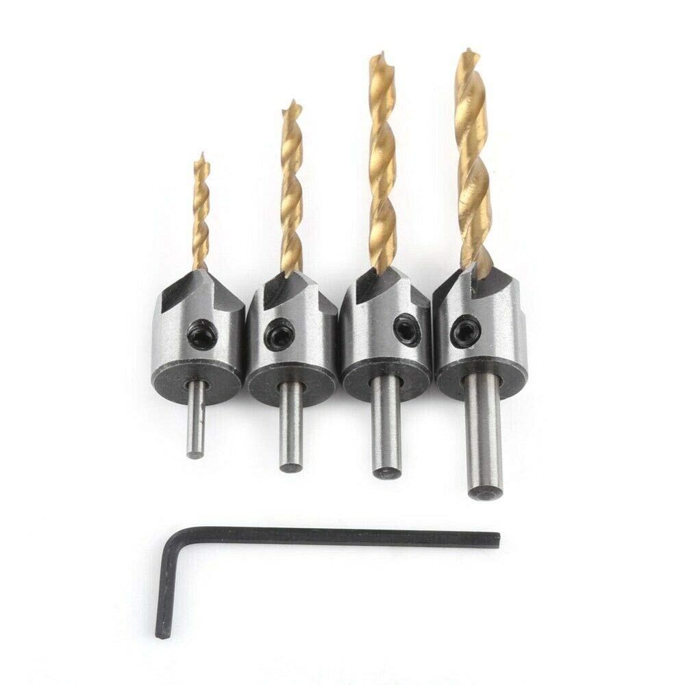 Countersink Drill Bit 4PCS 3-6mm 3 Flute Drill Set HSS Chamfer Carpentry Reamer for Wood Metal Aluminium Plastic (Titanium Coated)
