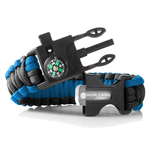 X-Plore Gear Emergency Paracord Bracelets | Set Of 2| The ULTIMATE Tactical Survival Gear| Flint Fire Starter, Whistle, Compass & Scraper | BEST Wilderness Survival-Kit - Black(R)/Blue(R)