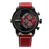 OULM Men's Passion Red Pilot's Quartz Wrist Watch Leather Strap 2 Time Zone Oversize Alloy Case Birthday Gift + Box