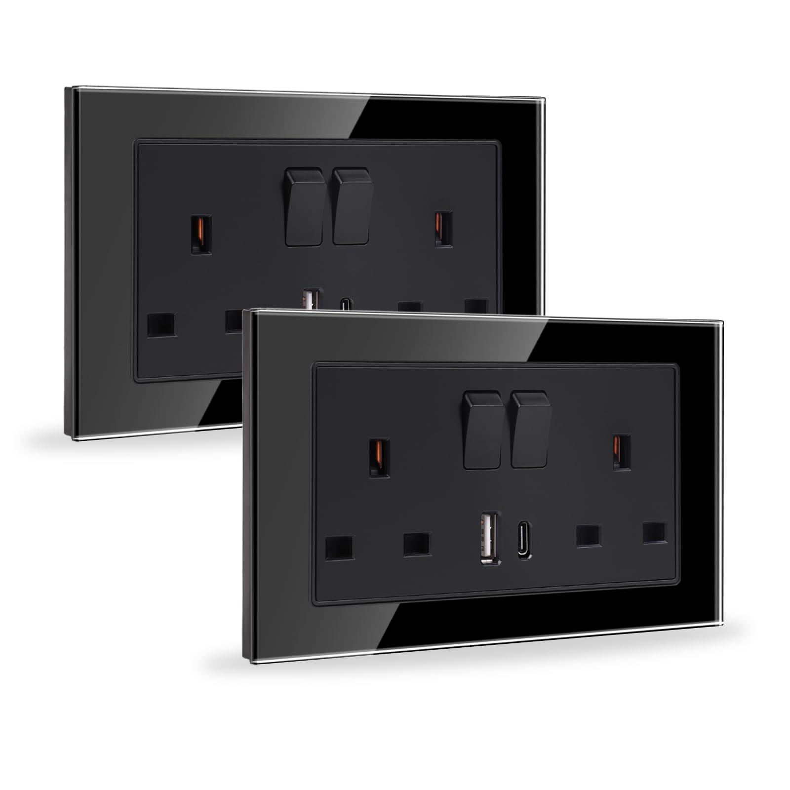 JIMEIDA 2 Pack 20W Black Double Switched Socket Fast Charging 13 Amp with USB A and USB C Charging Ports Crystal Glass Panel Wall Outlet,250V