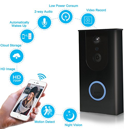 Wireless Video Doorbell, 720P HD WiFi Doorbell Security Camera with Built in 8GB SD Card, 166° Wide Angel, Night Vision, PIR Motion Detection, Real Time Two-way Talk, Compatible with Most Smart Phones