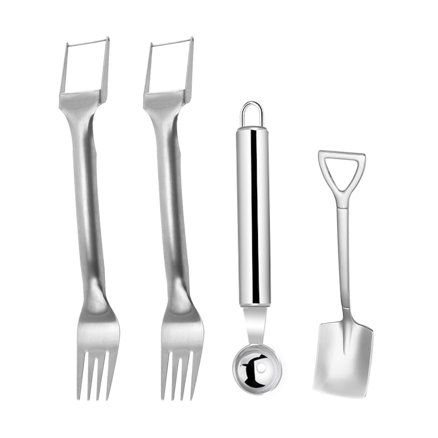 2 Double Head Slicer 1 Square Spoon 1 Digging Spoon Fruit Divider Stainless Steel Dicing and Slicing Tool for Fruit Watermelon Scoop Digger Home Party Camping (Silver)