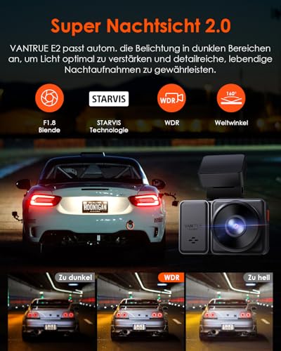 VANTRUE E2 2.7K+2.7K Car Dashcam Front and Rear 5GHz WiFi GPS Dual 1944P Wireless and Voice Control, Parking Mode Pre-Recording, WDR Night Vision 2.45 Inch 160° Max 512G