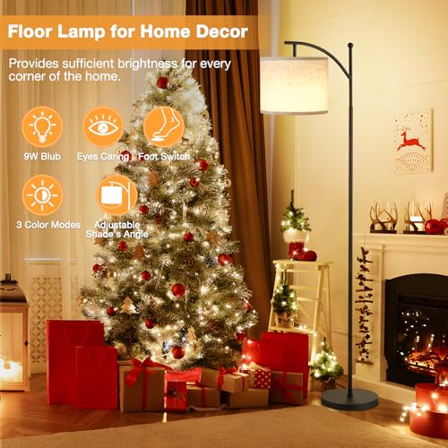Aooshine Floor Lamps for Living Room, 60" Modern Arc Standing Lamp with 3 Color Temperatures, Beige Lampshade & Foot Switch, Standard Corner Lamp for Bedroom Office Dorm Room(9W Bulb Included)