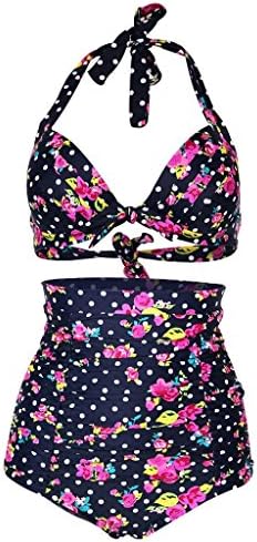 Cuteplus 50S Retro Vintage Floral Print High Waist Bikini SwimSuit for Women Girls