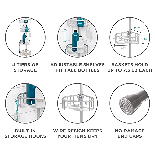 Zenna Home NeverRust Aluminum Tension Pole Shower Caddy, 4 Basket