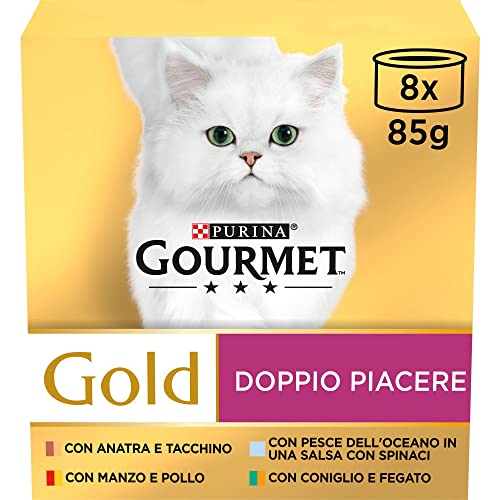 Gourmet Gold Food for the Cat Double Pleasure with Beef and Chicken, Rabbit and Liver, Fish of the Ocean, Duck and Turkey, Pack of 8 x 85 g