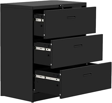 Amazon Com Modern Luxe Lateral Metal Storage Filing Cabinet With 3 Drawers For Home Office Anti Tilt Structure 35 4 L X 17 7 W X 40 3 H Black Furniture Decor