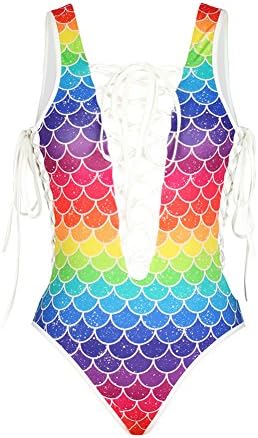 Sainfee Straps Backless One Piece Swimsuit Sexy Deep-V Swimwear (X-Large, Rainbow)