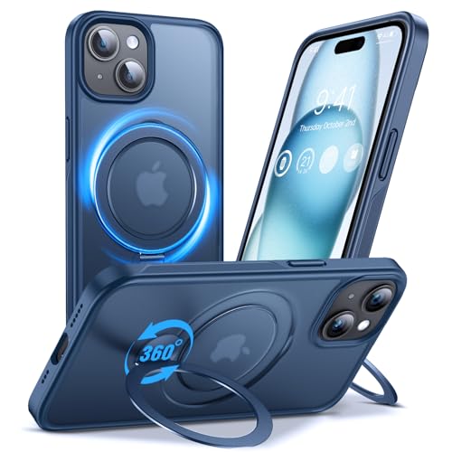 Anqrp 360° ALL-in-ONE Stand Case for iPhone 15 Case with Rotatable Magnetic KickStand Ring Holder, Compatible with MagSafe, Shockproof Translucent Matte Phone Cover for iPhone 15, Blue