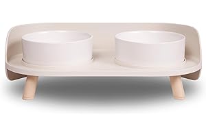 A4DOG Ceramic Dog Bowls with Stand - Elevated Dog Water and Food Bowl Set 13.5oz Cat & Dog Feeding Station Spill Proof Splash Proof Raised Pet Food Bowls for Dogs, Green/White No Mess Pet Feeder