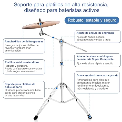 Soporte de Platillos Recto y Boom, soporte para platillos de dos patas, altura y ángulo ajustables, antideslizante y estable, adecuado para todos los tamaños de toallitas
