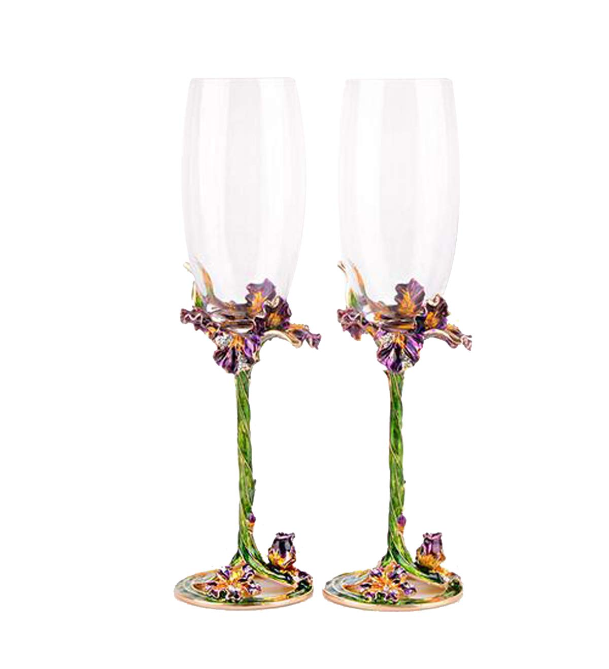 YBK Tech Handmade Enamel Craft Crystal Wine Glasses Champagne Flutes Set of 2 in Gift Box, Iris Design (Green Iris)