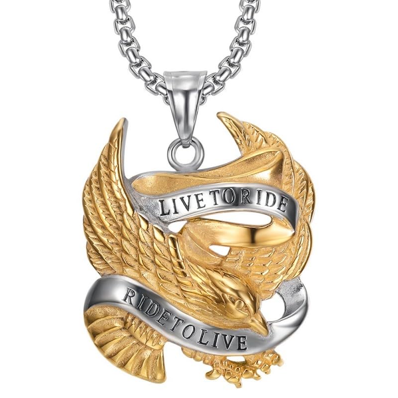 BOBIJOO JEWELRY - Eagle Biker Pendant Live to Ride USA Steel Gold Chain