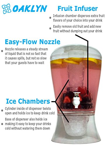 Large 2 Gallon Beverage Dispenser on Stand with Spout - Ice Base and Core Keep Juice and Drinks Cold - Shatterproof Acrylic Jug with Fruit and Tea Infuser and Spigot Perfect for Parties