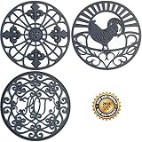 Silicone Trivet Set For Hot Dishes, Pots & Pans. These Modern Kitchen Hot Pads come in 3 Different Country Decor Designs that Mimics Vintage Cast Iron Trivets. 7.5 inch Round, Set of 3, Dark Gray