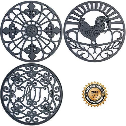 Silicone Trivet Set For Hot Dishes, Pots & Pans. These Modern Kitchen Hot Pads come in 3 Different Country Decor Designs that Mimics Vintage Cast Iron Trivets. 7.5 inch Round, Set of 3, Dark Gray