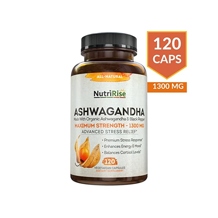 NutriRise Organic Ashwagandha Root Capsules with Black Pepper, 1300mg, Natural Stress & Mood, Thyroid, and Immune…