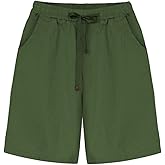 Fuwenni Women's Casual Elastic Waist Comfy Knee Length Curling Bermuda Shorts with Pockets