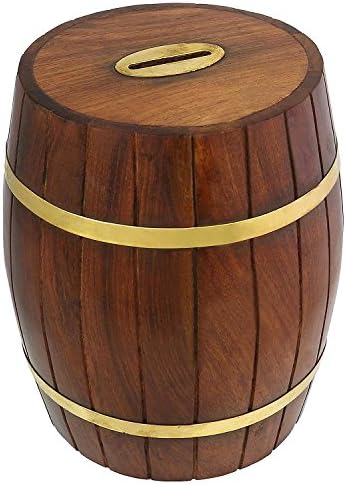 Christmas Gift for your loved Ones, 5 Inch Safe Money Box Wooden Money Bank Damru Design Wooden Coin Holder, Brown Color Safe Piggy Bank for Girls &amp; Boy