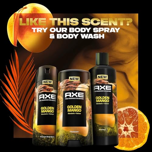 AXE FINE FRAGRANCE COLLECTION DEODORANT STICK GOLDEN MANGO 4 COUNT WITH 48H FRESHNESS AND ODOR PROTECTION DEO STICK AND FRESHNESS INFUSED WITH MANGO, MANDARIN, AND VETIVER ESSENTIAL OILS 2.6 OZ