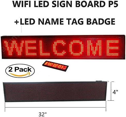 Technoto APP P-5 Led Sign WiFi Board Scrolling Programmable Display Message Rolling Information Size 32" - RED Color Only + FREE Led Name Tag Badge