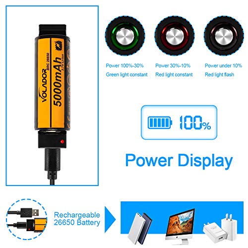 VOLADOR Scuba Diving Flashlight, 4000 Lumen Underwater Dive Light with Power Indication, CREE XHP 70 LED IPX-8 Waterproof Night Dive Torch, Rechargeable 26650 Battery, Charger, Lanyard