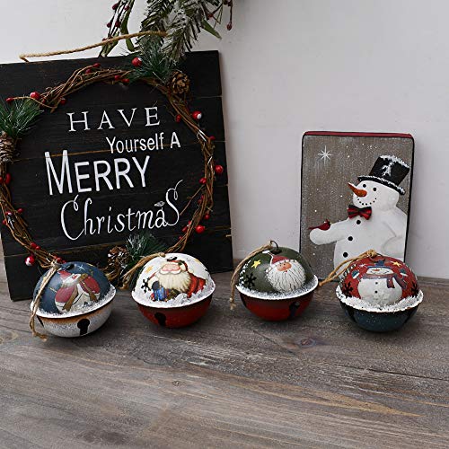E-view Christmas Tree Ornament Metal Rustic Jingle Bell Hanging Ornaments with Snowman Santa, Decorative Sleigh Bells Winter Decor Xmas Party Supplies Holiday Decoration for Home (Set of 4)