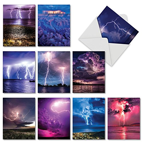 M4621OCB1x10 Bolts of Beauty: 10 Assorted Blank All Occasions Cards Featuring Awe Inspiring Images of Lightning Strikes Hitting the Ground and Water With Envelopes.