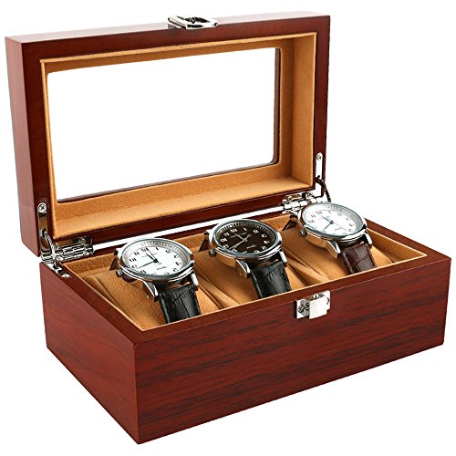 Watch box Wooden 3 Slots Watch Case Jewelry Display Storage Boxes with Glass Top and Removal Storage Pillows Brown (Brown, 3 Slots)