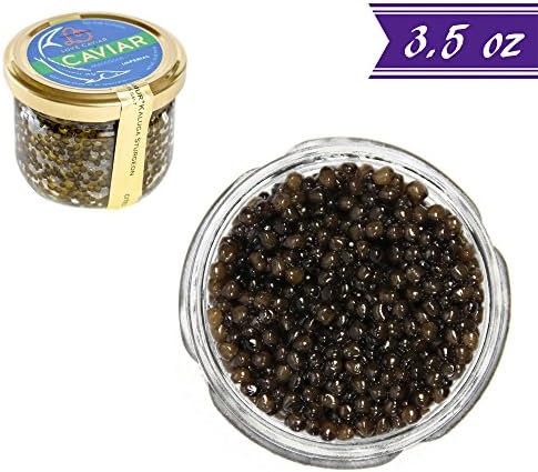 Kaluga Sturgeon Amber Caviar, Huso Dauricus, River Beluga, 3.5 oz / 100 gm Jar plus Mother of Pearl Caviar Spoon, Royal Gourmet Imperial Kaluga Caviar, Light-Salted, Farm Raised, OVERNIGHT SHIPPING