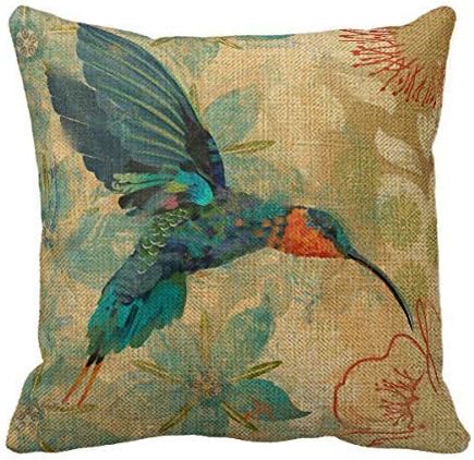 Yohebee Home Decorative Fashion Blue Orange Hummingbird Bird Teal Aqua Red Flowers Pillow Case Cotton Linen Cushion Cover Square 18 x 18 Inches One Side