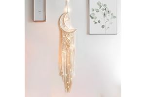 MGahyi Moon Star Dream Catcher Decor,Macrame Woven Dreamcatcher with Light,Bohemian Wall Hanging Decoration,Bedroom,Home Decoration (Moon White)