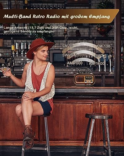 Retro Radio mit Bluetooth, AM/FM/SW Kofferradio, Tragbares Radio mit 1200mAh Akku & D-Batterien, USB/TF, Vintage Radio für Küche, Zuhause, Garten & Camping — Foto 5 von 7