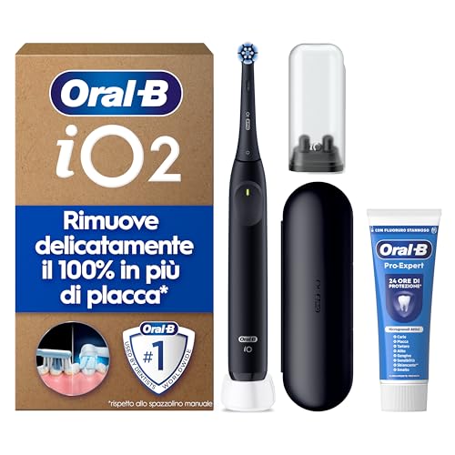 Oral-B Spazzolino Elettrico Ricaricabile iO 2, 1 Spazzolino Elettrico, 1 Testina Di Ricambio, Custodia Da Viaggio, Supporto per testine + 1 Dentifricio Oral-B Pro, Pulizia Denti, Nero